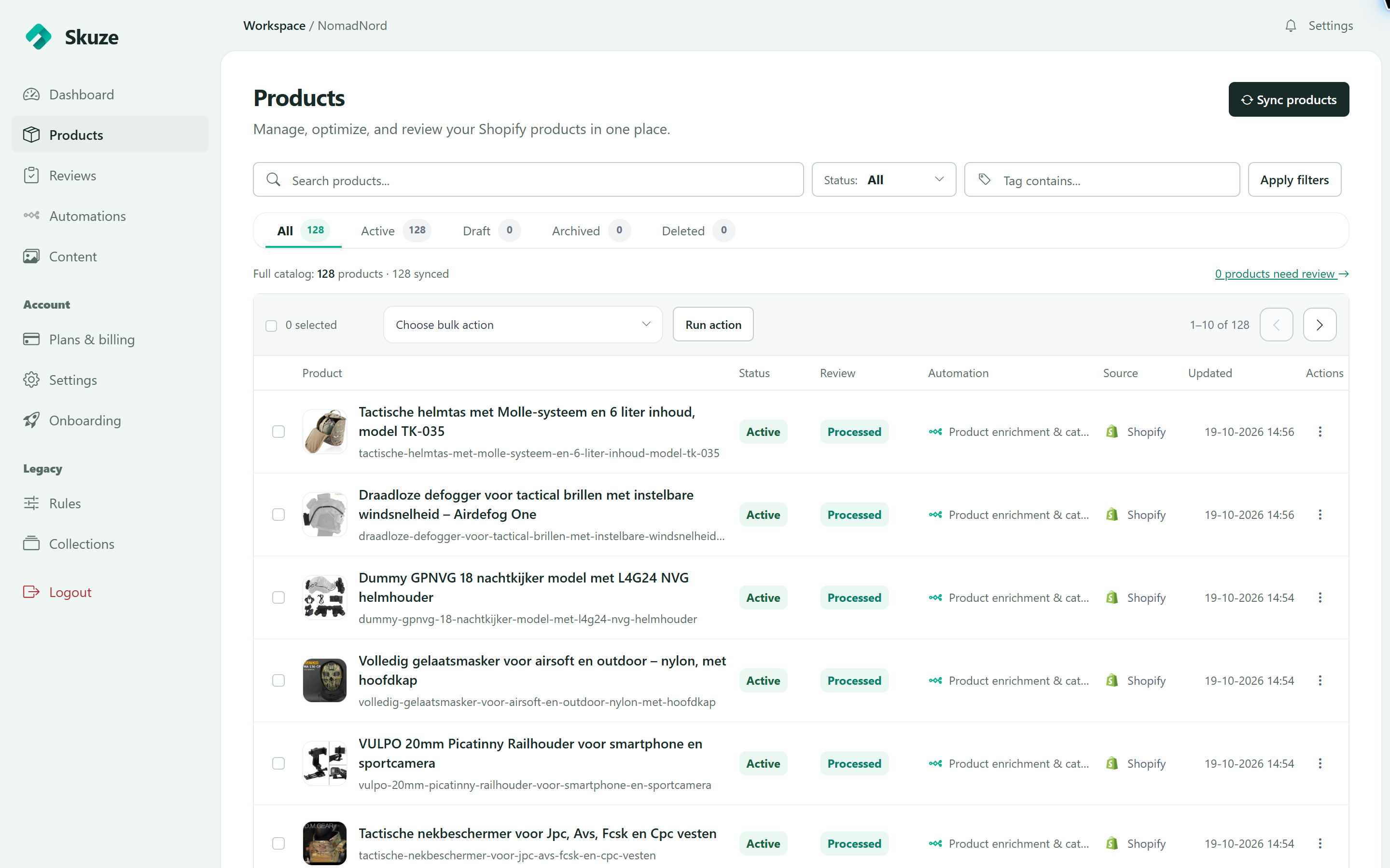 Skuze Products showing Shopify catalog context for content work