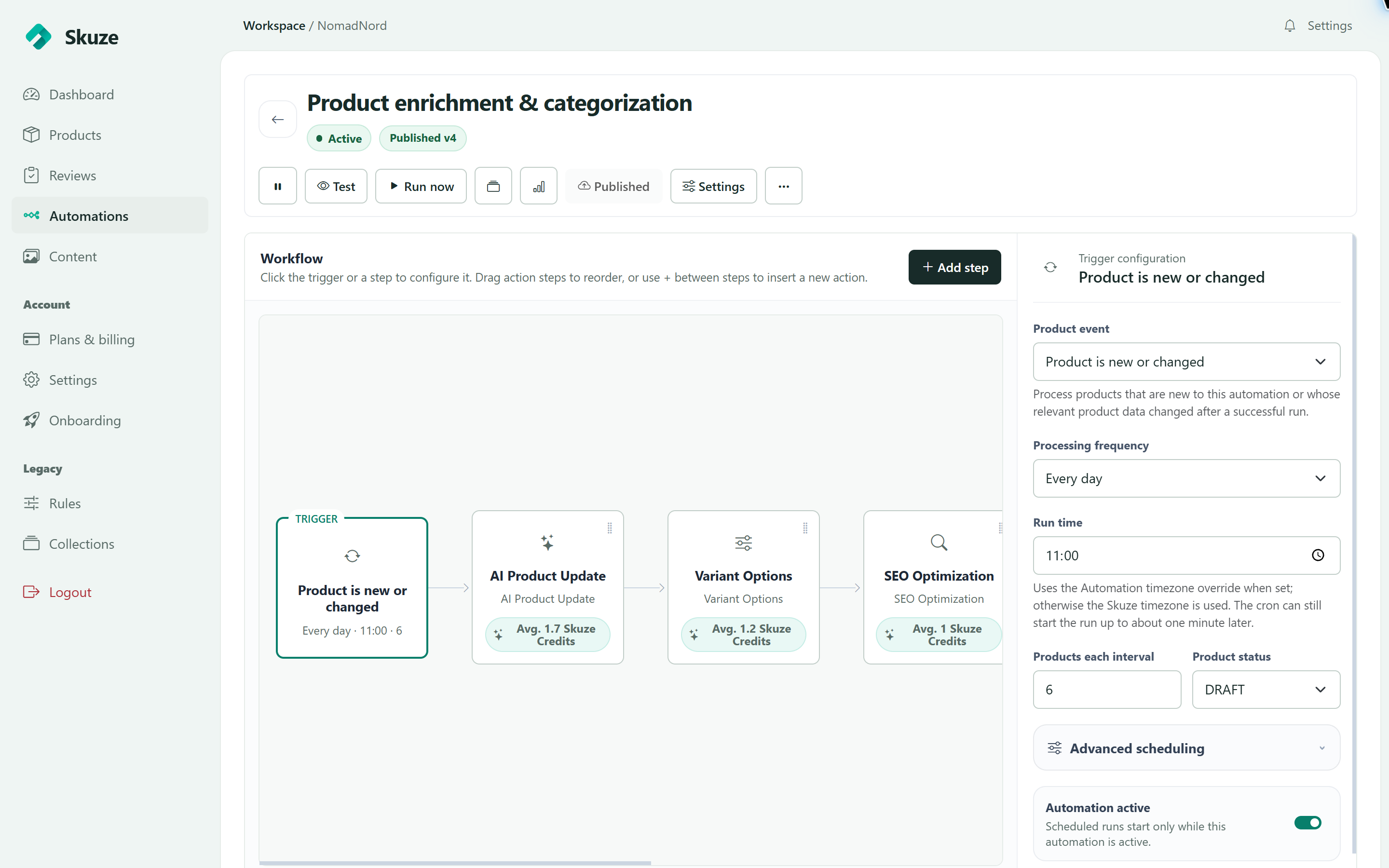 Skuze Studio showing a published product enrichment workflow and trigger settings